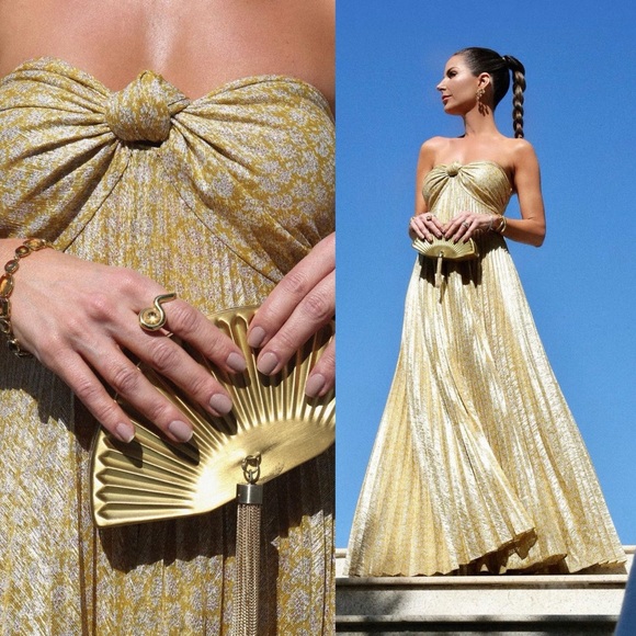 Alexis Joya Gold Lame Pleated Strapless Gown Maxi Dress Metallic